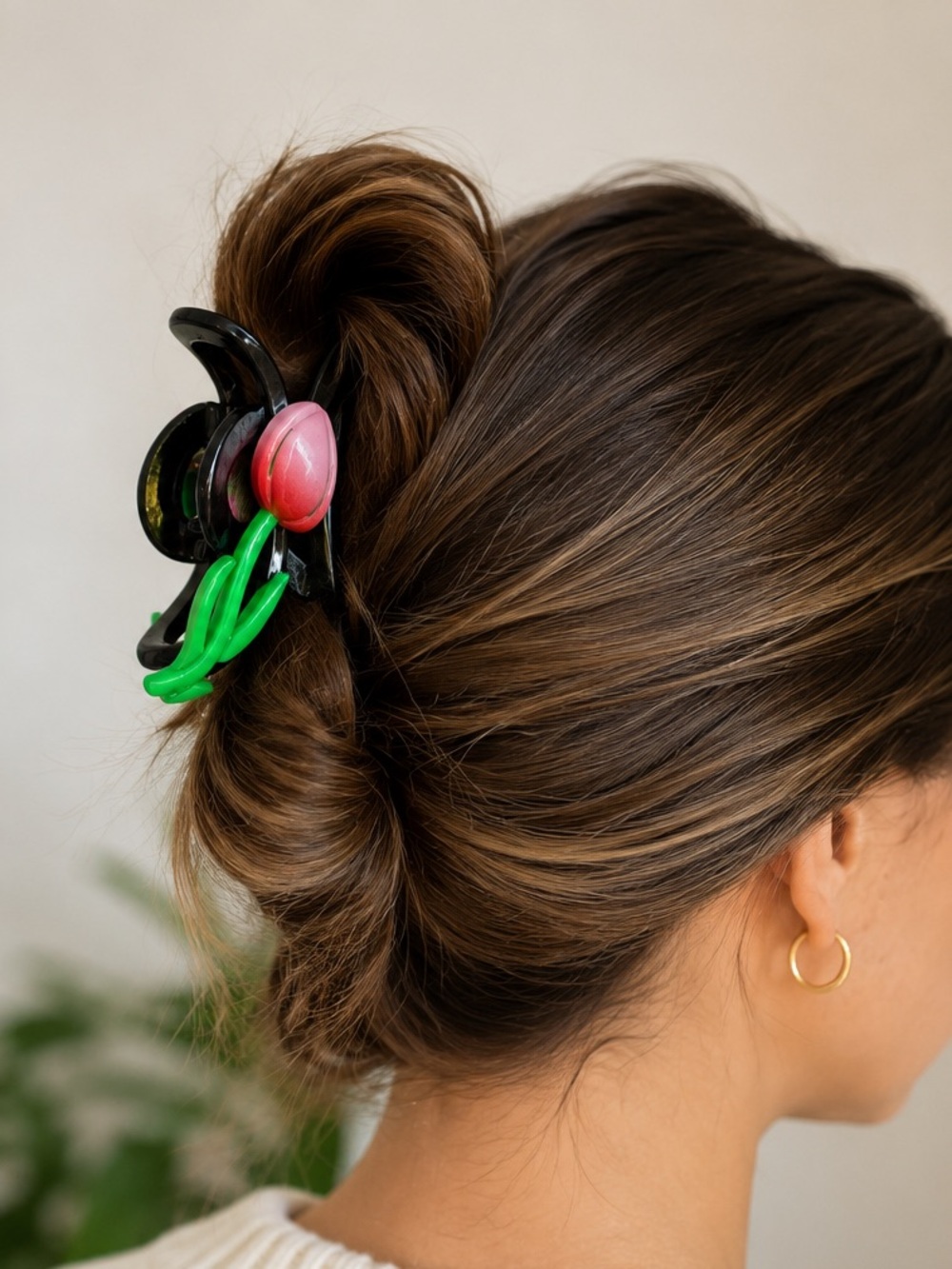 Pink Tulip Hair Clip - Black & Green Accent